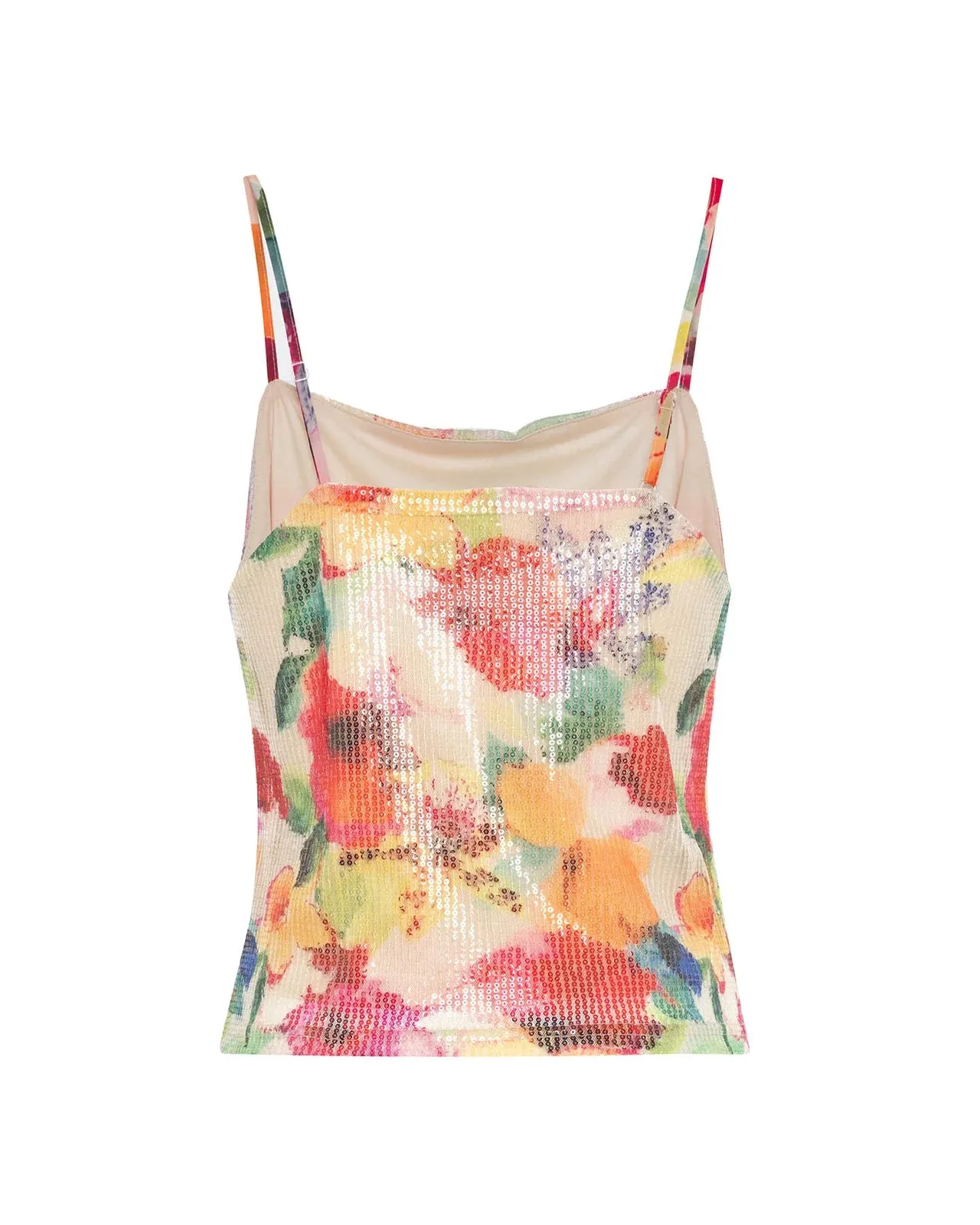 THEO Theia Orchid Print Sequin Tank Top in Mandarine Flower