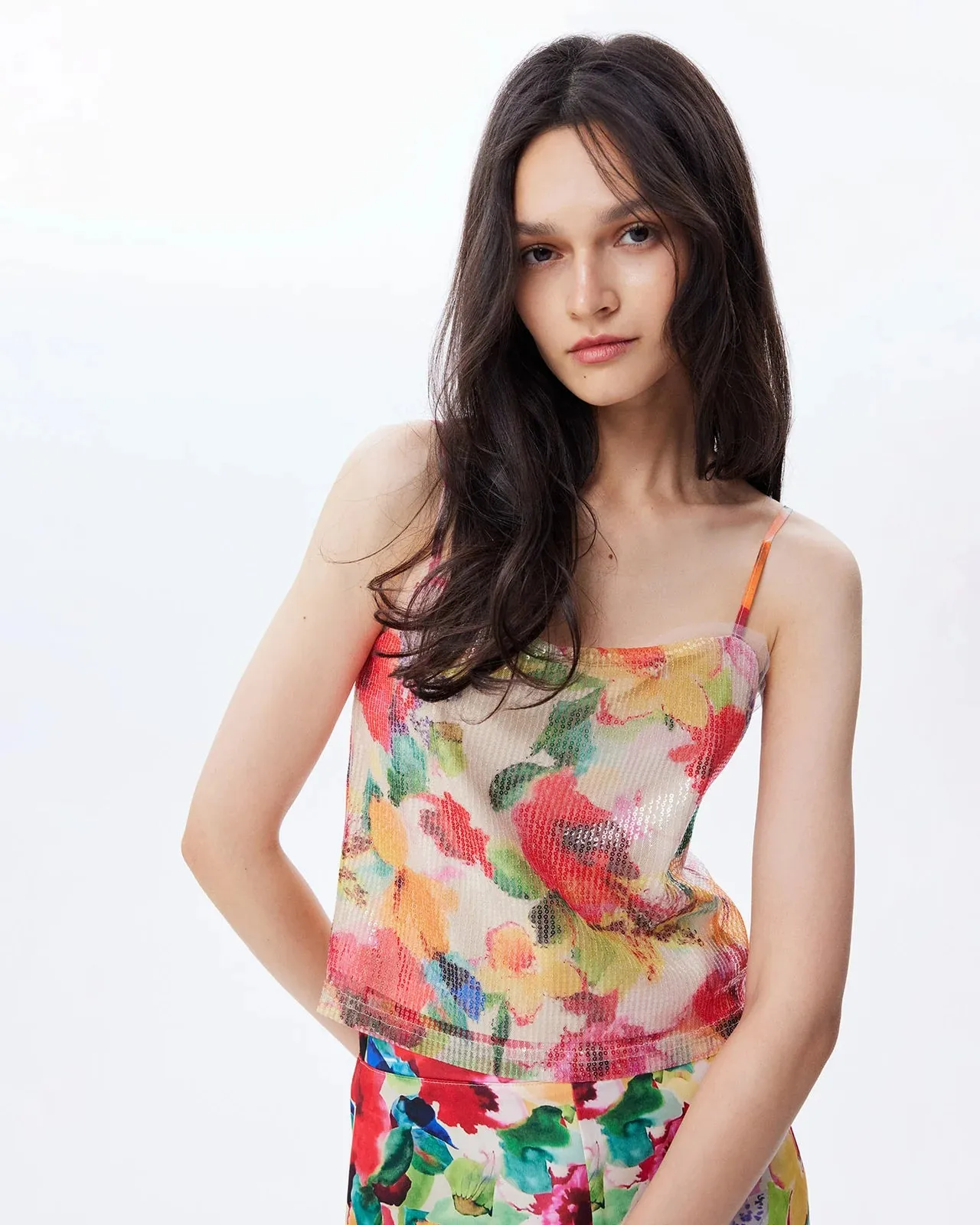 THEO Theia Orchid Print Sequin Tank Top in Mandarine Flower