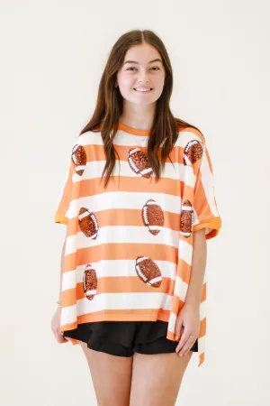 Touchdown Spark Sequin Stripe Top in Orange/White