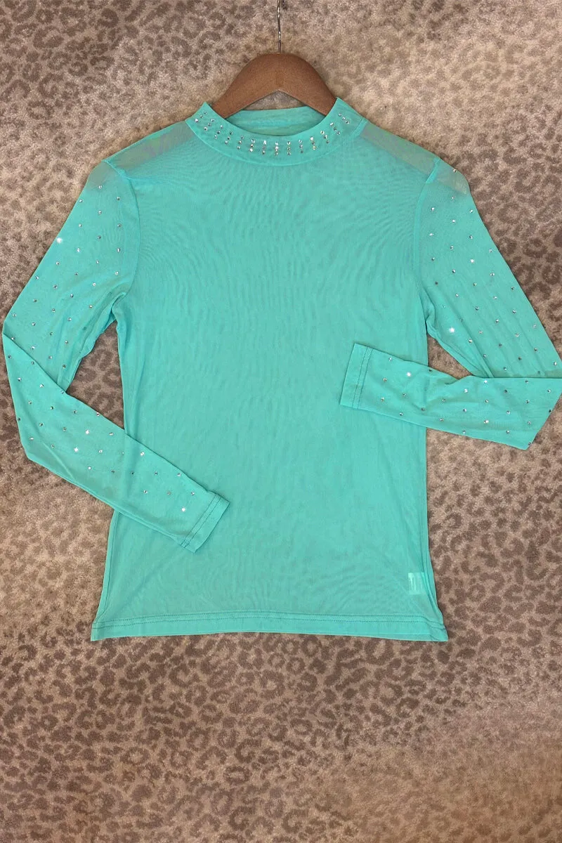 Turquoise Long Sleeve Mesh Top w/ Rhinestone Details