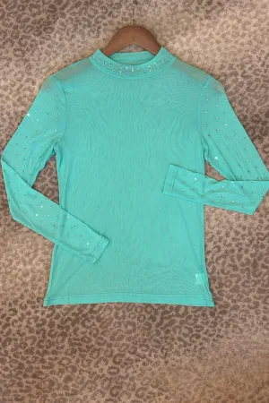 Turquoise Long Sleeve Mesh Top w/ Rhinestone Details