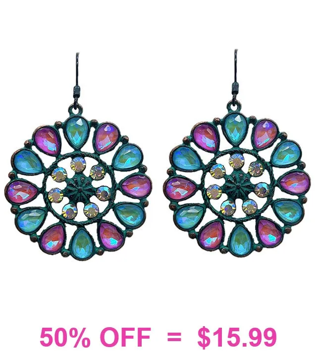 Turquoise patina & Pink bling round concho earrings