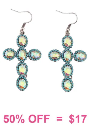 Turquoise trim bling cross earrings