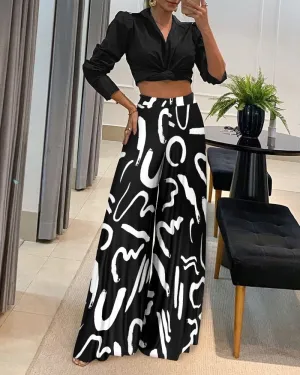 Two Piece Sets Womens Outifits 2022 Autumn Fashion Street Trendy Solid Color Short Shirt & Casual High Waist Wide Leg Pants Suit