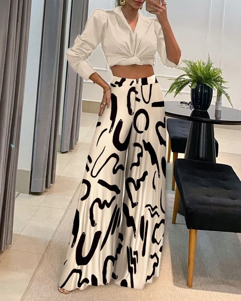 Two Piece Sets Womens Outifits 2022 Autumn Fashion Street Trendy Solid Color Short Shirt & Casual High Waist Wide Leg Pants Suit