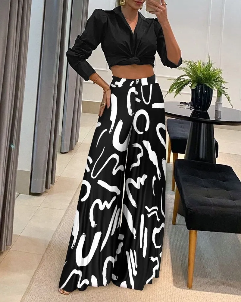 Two Piece Sets Womens Outifits 2022 Autumn Fashion Street Trendy Solid Color Short Shirt & Casual High Waist Wide Leg Pants Suit