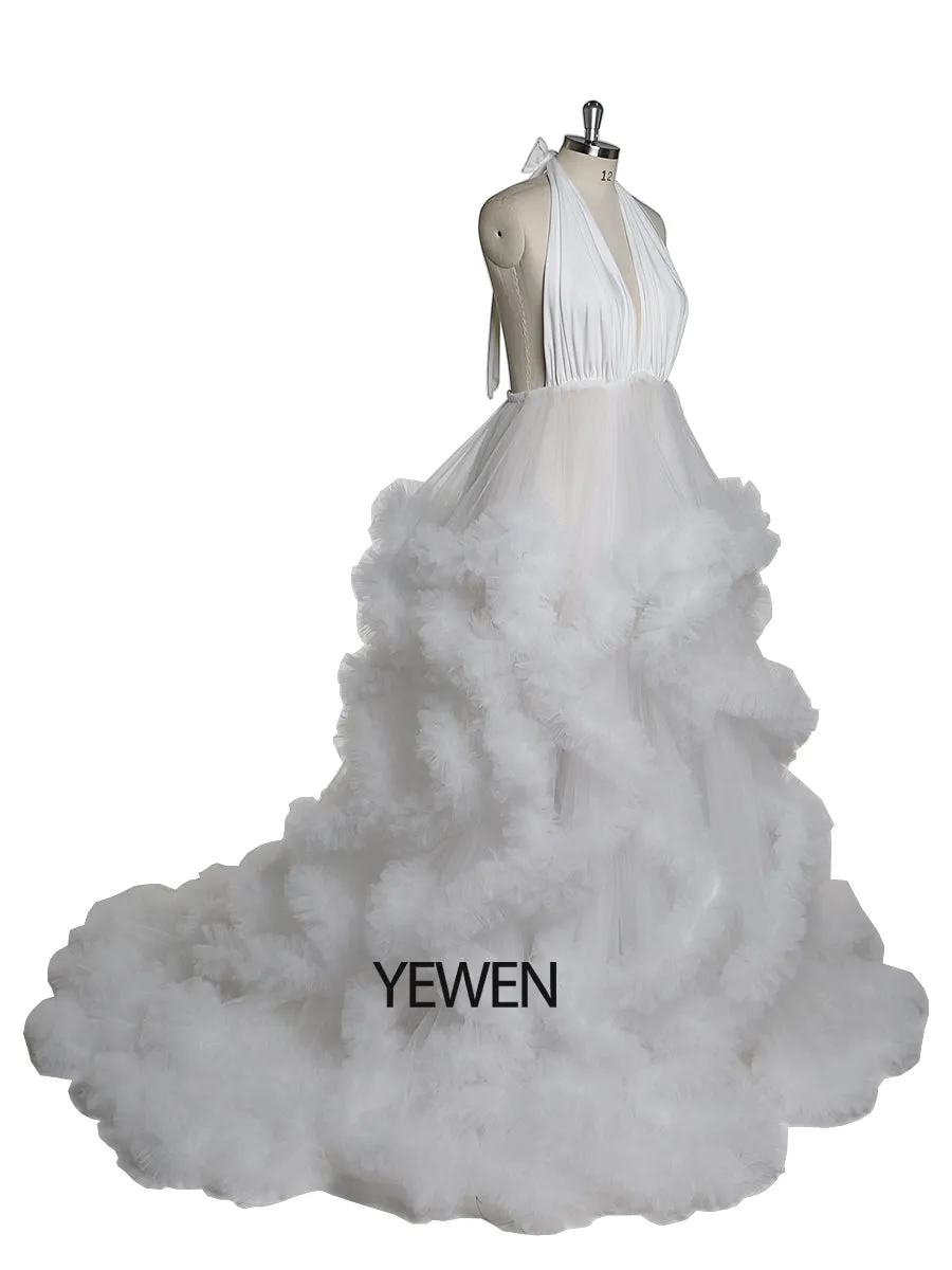 V-neck Backless Cloud Ruffles Wedding Gowns Maternity Dress for Photoshoot YW220116
