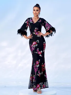 V-Neck Fringed Mermaid Sequin Maxi Dress MES00408