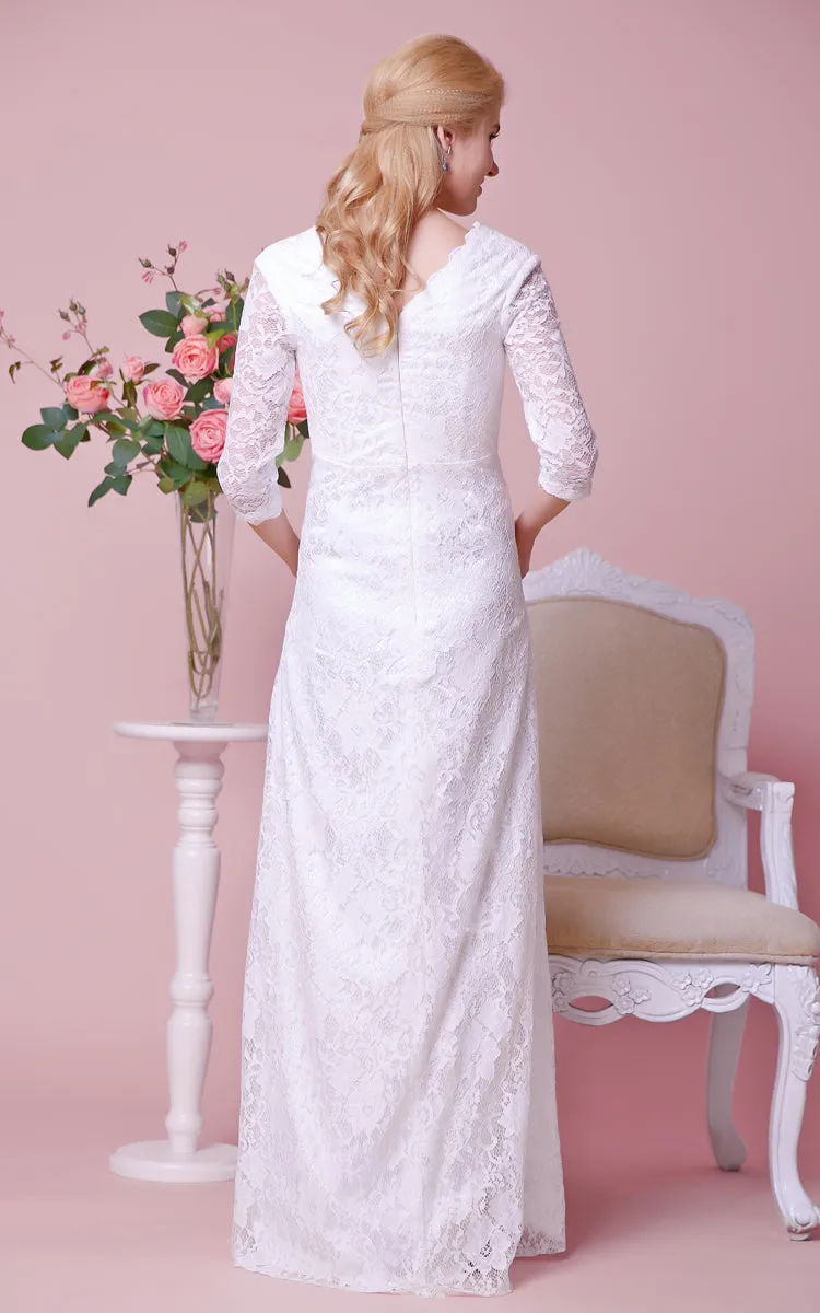 V-Neckline 3 4 Sleeves Lace Allover Floor-Length Dress-ZP_706090