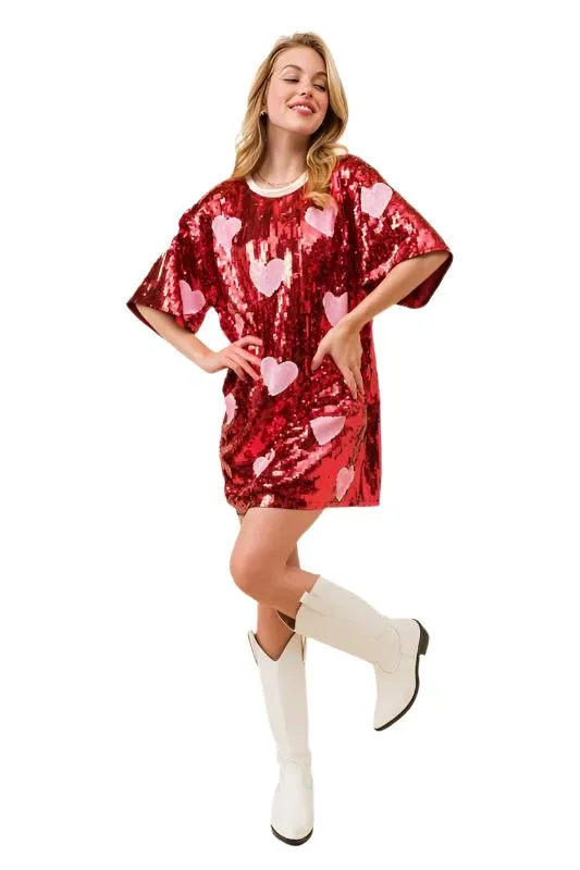 VALENTINES DAY Heart Print Sequin Tunic Top