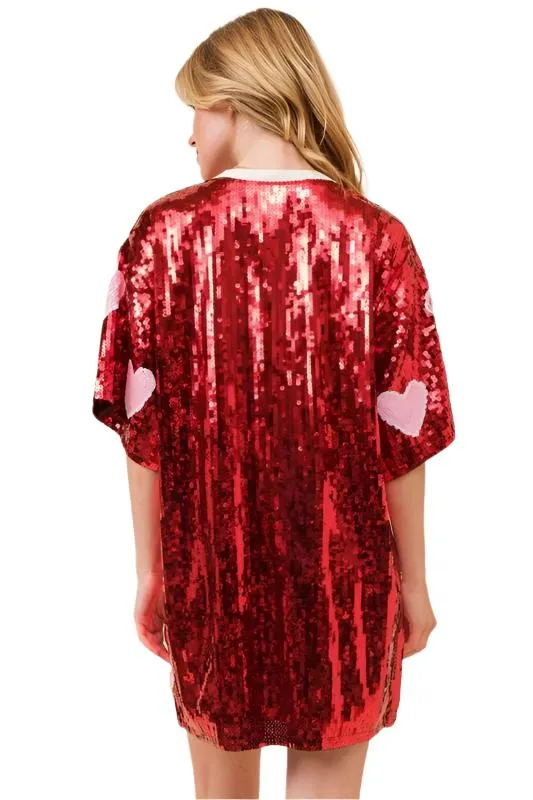 VALENTINES DAY Heart Print Sequin Tunic Top