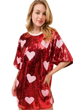 VALENTINES DAY Heart Print Sequin Tunic Top