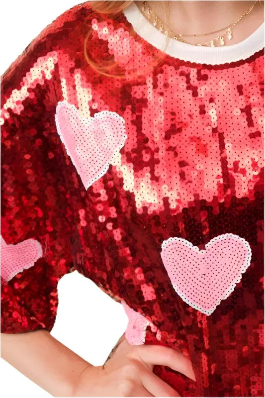VALENTINES DAY Heart Print Sequin Tunic Top