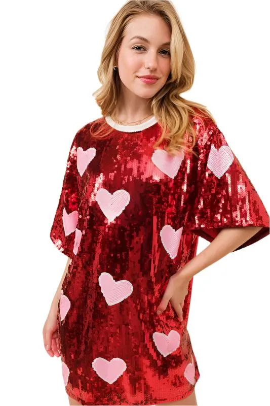 VALENTINES DAY Heart Print Sequin Tunic Top