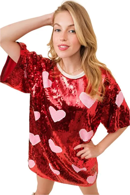 VALENTINES DAY Heart Print Sequin Tunic Top