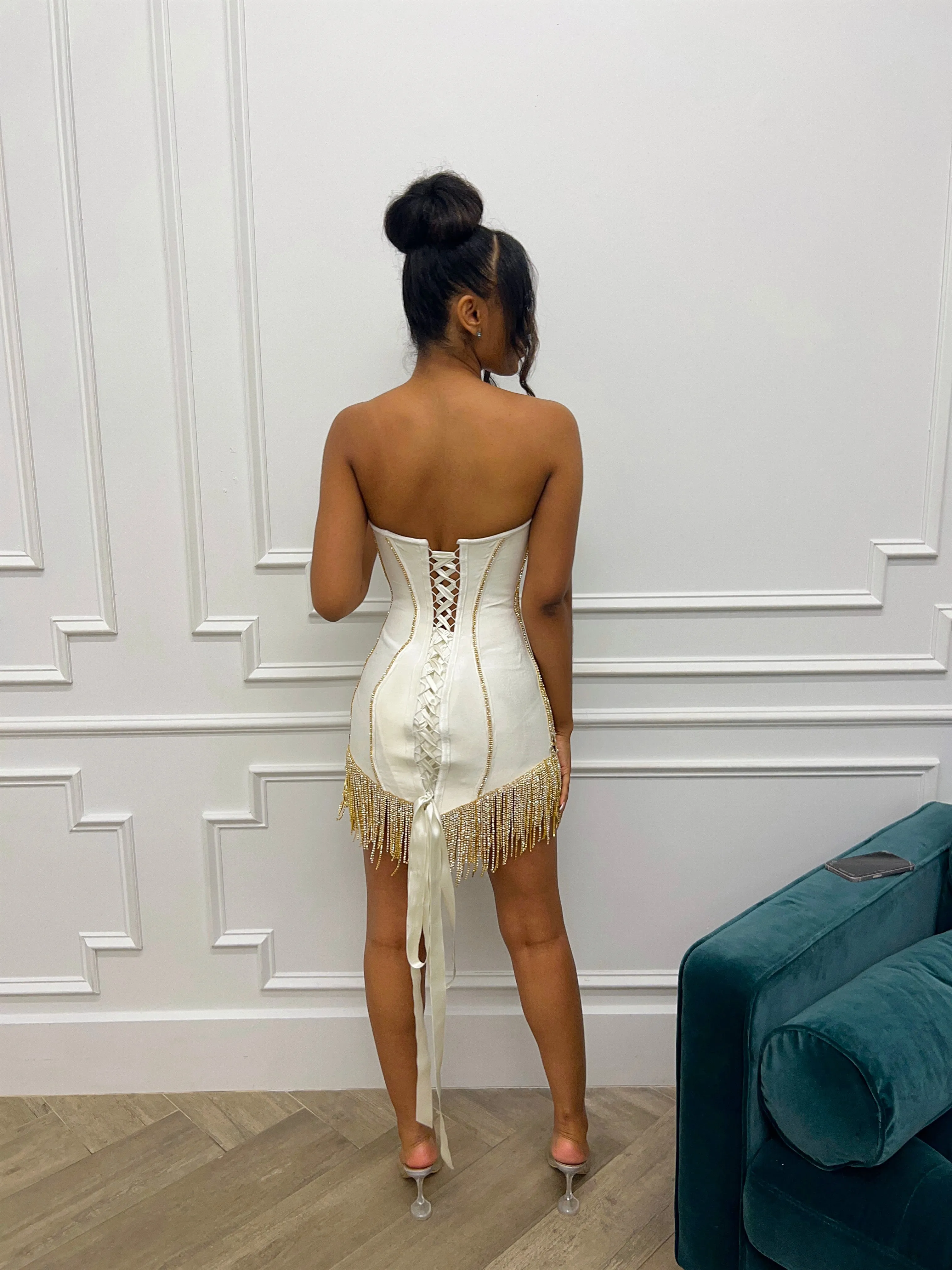 Velvet Corset Dress w/ Crystal Details & Rhinestone Fringe