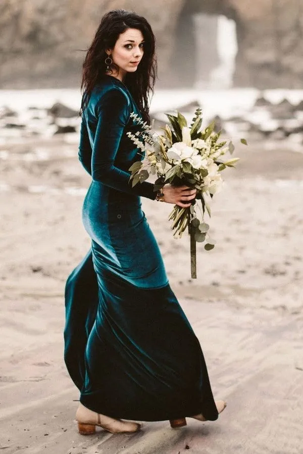 Velvet Long-sleeves Ink Blue Evening Dresses with V-neck