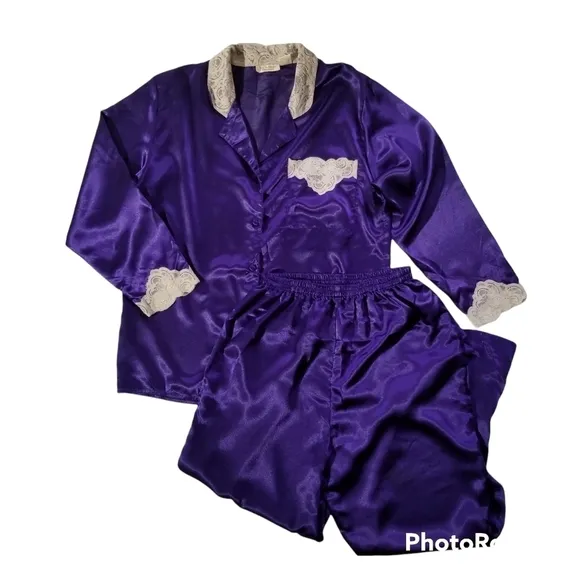 VICTORIA'S SECRET Vintage Gold Label Pajama Set Purple Satin Lace M