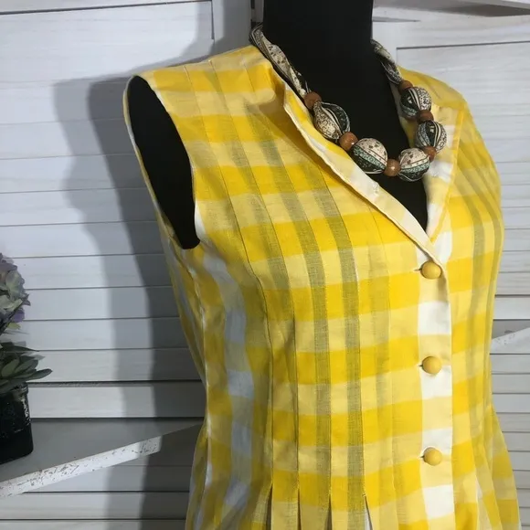 vintage 80s prairie mini dress yellow white gingham country cottage style Sz M