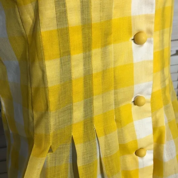 vintage 80s prairie mini dress yellow white gingham country cottage style Sz M