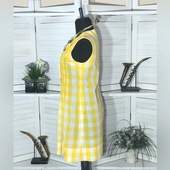 vintage 80s prairie mini dress yellow white gingham country cottage style Sz M