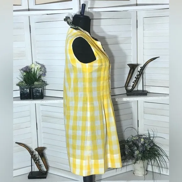 vintage 80s prairie mini dress yellow white gingham country cottage style Sz M