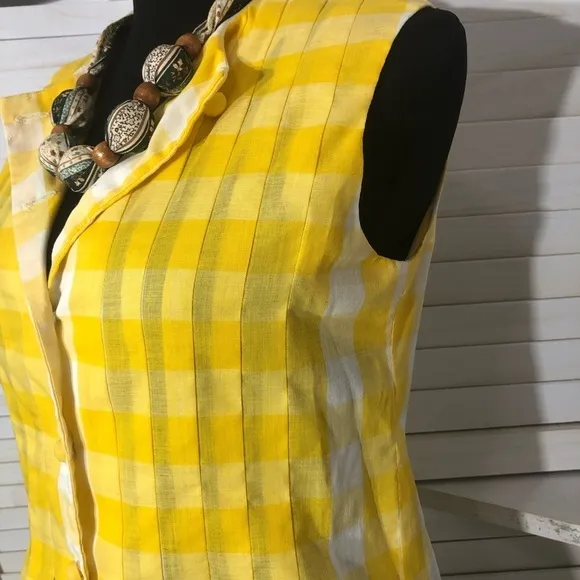 vintage 80s prairie mini dress yellow white gingham country cottage style Sz M