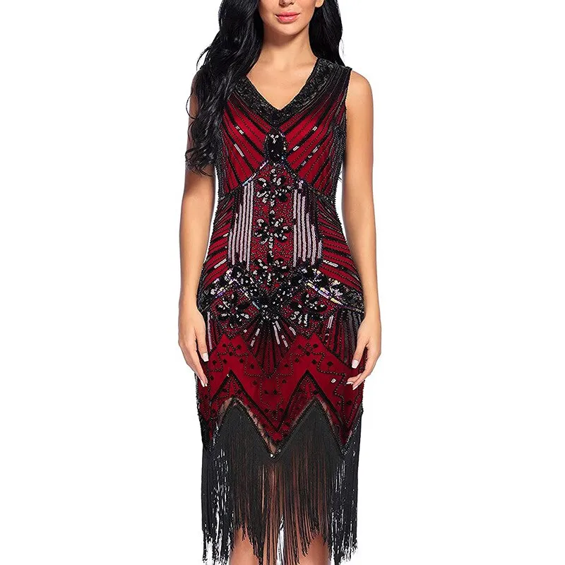 Vintage Dinner V-Neck Sequin Evening Dress Slim Fit Long Dress Fashion Fringe Beaded Prom Sexy Dress Wedding Party Midi Dress