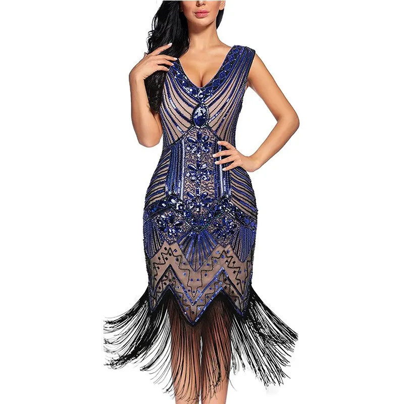Vintage Dinner V-Neck Sequin Evening Dress Slim Fit Long Dress Fashion Fringe Beaded Prom Sexy Dress Wedding Party Midi Dress