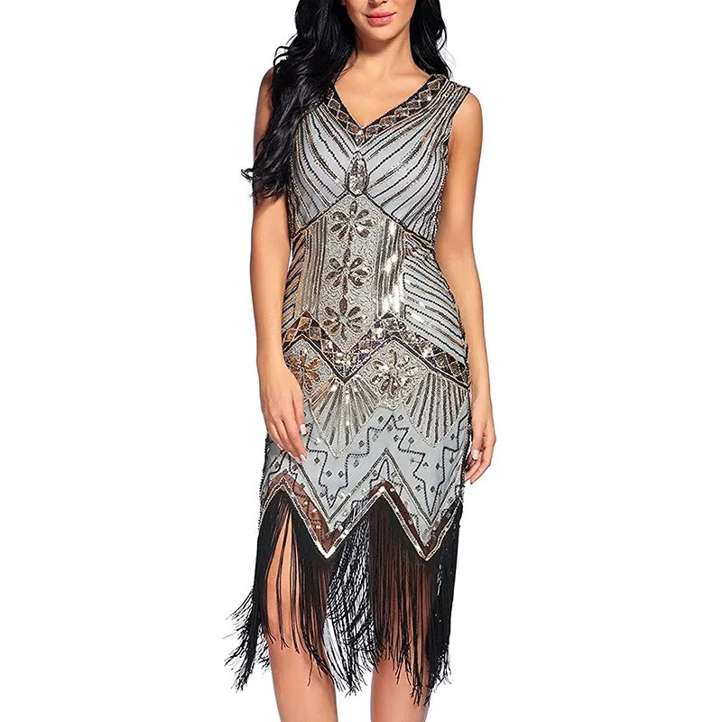 Vintage Dinner V-Neck Sequin Evening Dress Slim Fit Long Dress Fashion Fringe Beaded Prom Sexy Dress Wedding Party Midi Dress