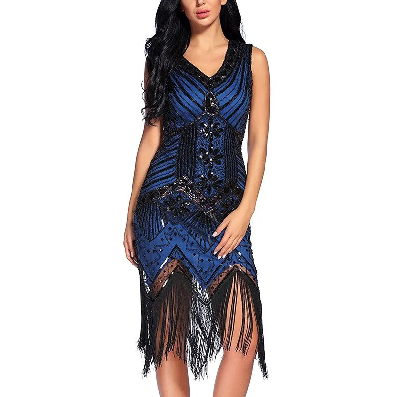 Vintage Dinner V-Neck Sequin Evening Dress Slim Fit Long Dress Fashion Fringe Beaded Prom Sexy Dress Wedding Party Midi Dress