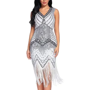 Vintage Dinner V-Neck Sequin Evening Dress Slim Fit Long Dress Fashion Fringe Beaded Prom Sexy Dress Wedding Party Midi Dress