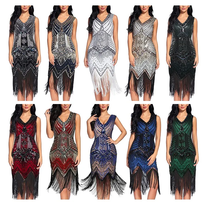 Vintage Dinner V-Neck Sequin Evening Dress Slim Fit Long Dress Fashion Fringe Beaded Prom Sexy Dress Wedding Party Midi Dress