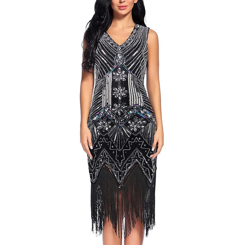 Vintage Dinner V-Neck Sequin Evening Dress Slim Fit Long Dress Fashion Fringe Beaded Prom Sexy Dress Wedding Party Midi Dress