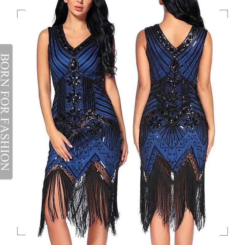Vintage Dinner V-Neck Sequin Evening Dress Slim Fit Long Dress Fashion Fringe Beaded Prom Sexy Dress Wedding Party Midi Dress