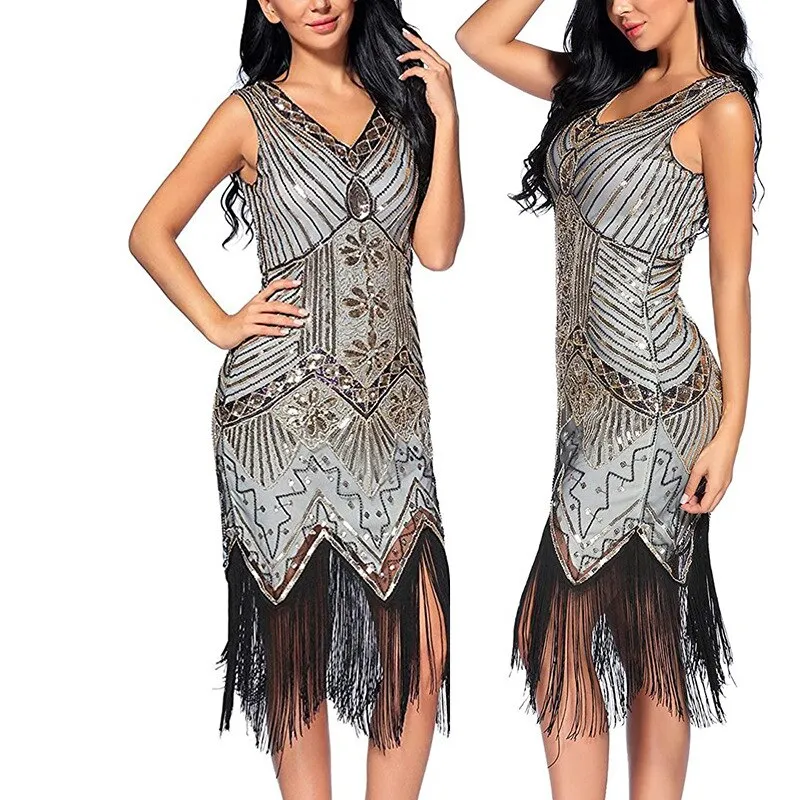Vintage Dinner V-Neck Sequin Evening Dress Slim Fit Long Dress Fashion Fringe Beaded Prom Sexy Dress Wedding Party Midi Dress