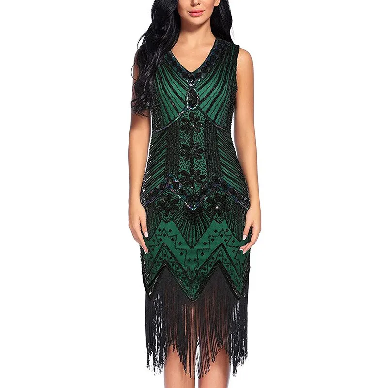 Vintage Dinner V-Neck Sequin Evening Dress Slim Fit Long Dress Fashion Fringe Beaded Prom Sexy Dress Wedding Party Midi Dress