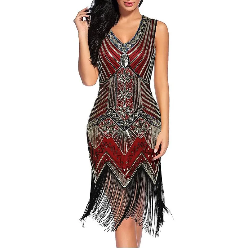 Vintage Dinner V-Neck Sequin Evening Dress Slim Fit Long Dress Fashion Fringe Beaded Prom Sexy Dress Wedding Party Midi Dress