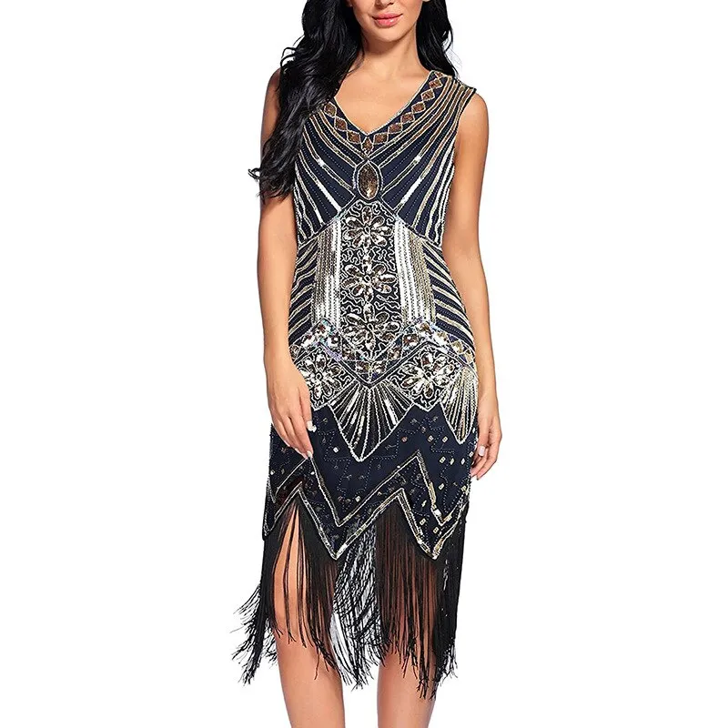 Vintage Dinner V-Neck Sequin Evening Dress Slim Fit Long Dress Fashion Fringe Beaded Prom Sexy Dress Wedding Party Midi Dress