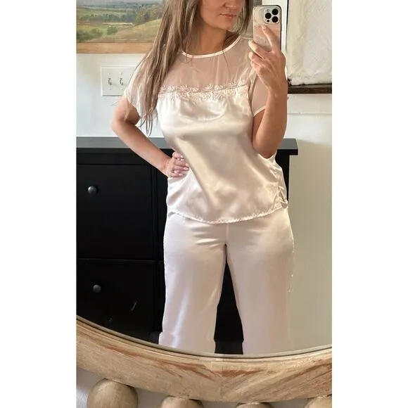 Vintage Silky Satin Pale Pink Size Small Embroidered Pajama Pants Set