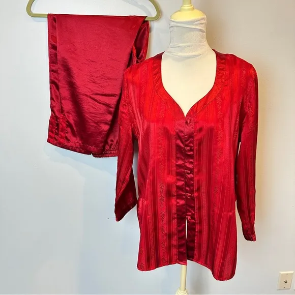 Vintage Victoria Secret Satin  Red w/ Covered Buttons Pajama Set S