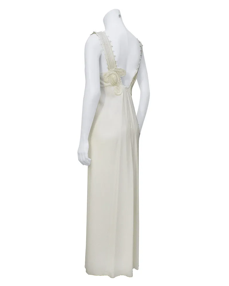 White gown with cord and stone applique