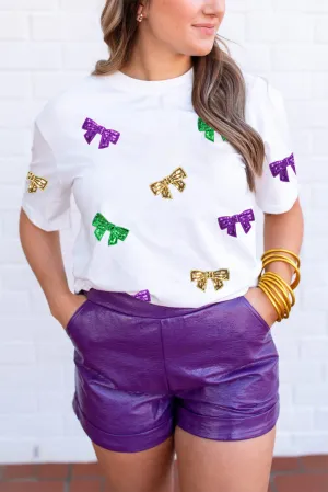 White Mardi Gras Sequin Bow Knot Crew Neck T Shirt