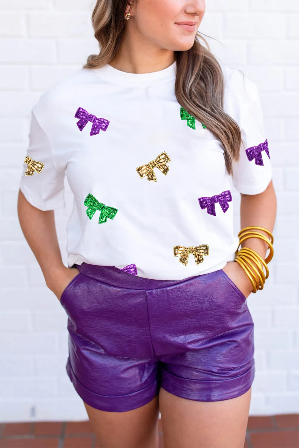White Mardi Gras Sequin Bow Knot Crew Neck T Shirt