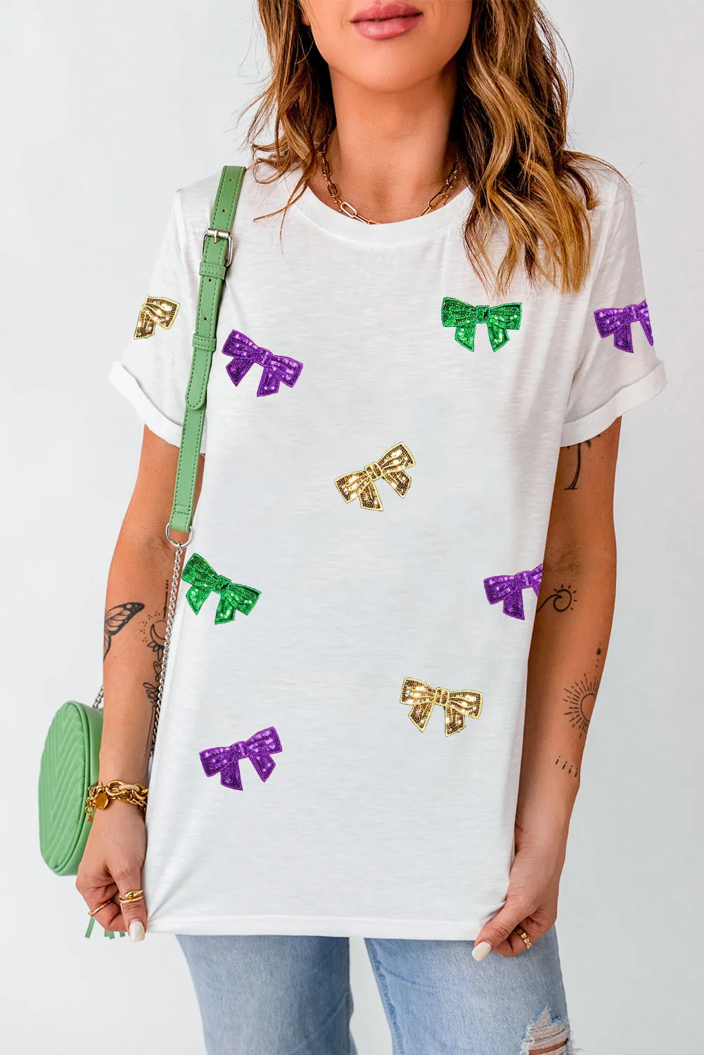 White Mardi Gras Sequin Bow Knot Crew Neck T Shirt