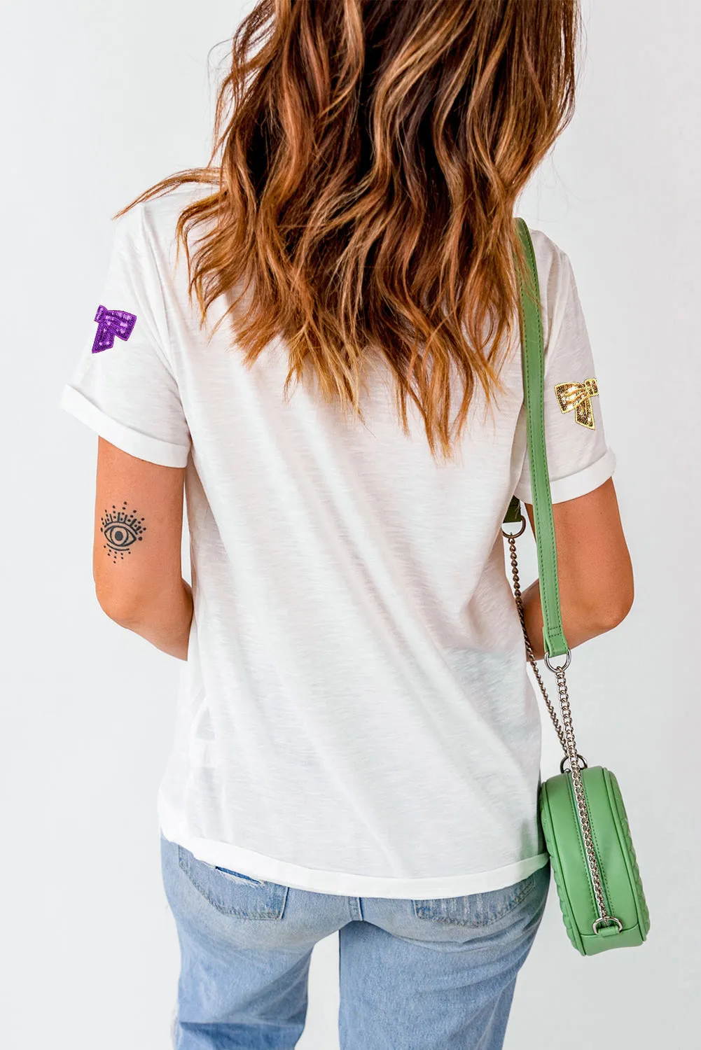 White Mardi Gras Sequin Bow Knot Crew Neck T Shirt
