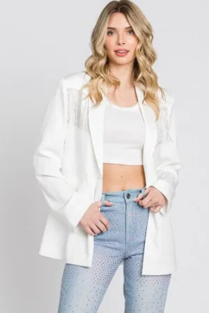 White Rhinestone Fringe Blazer