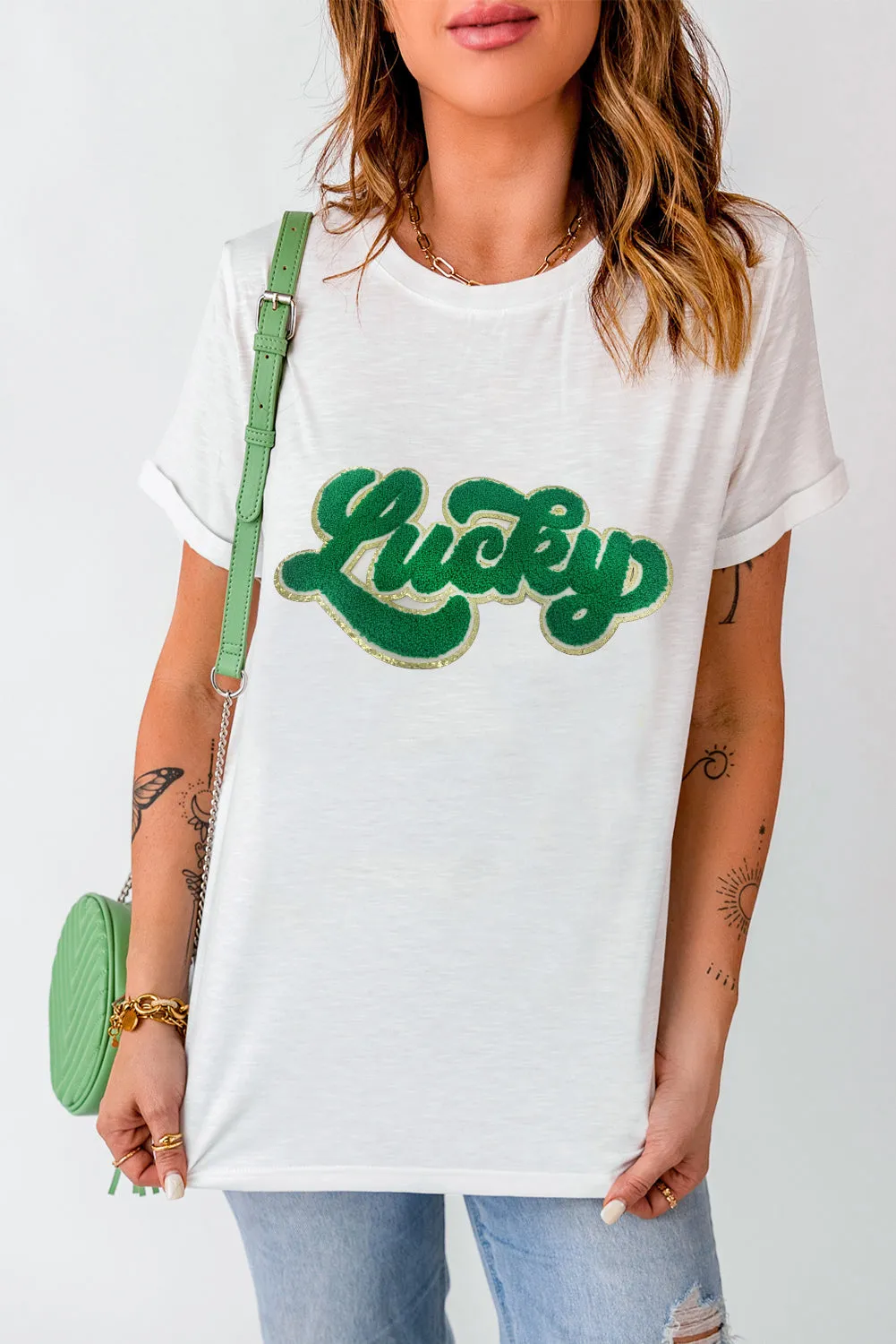 White St. Patrick Lucky Chenille Glitter Patched Graphic T Shirt