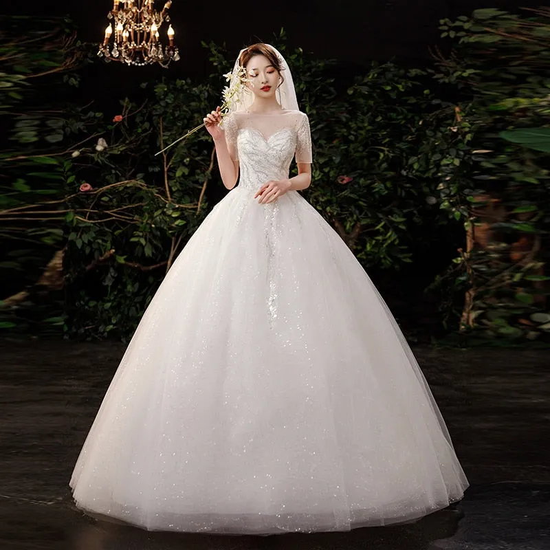 White Wedding Dress Short Sleeves Sequined marriage wedding gowns