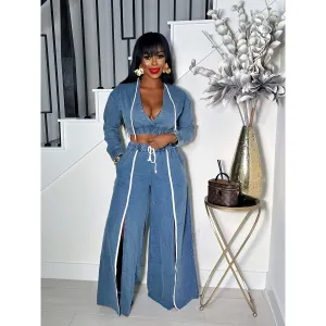 WIDELEGS SLIT DENIM 2 PIECE HOODED PANTS  SET